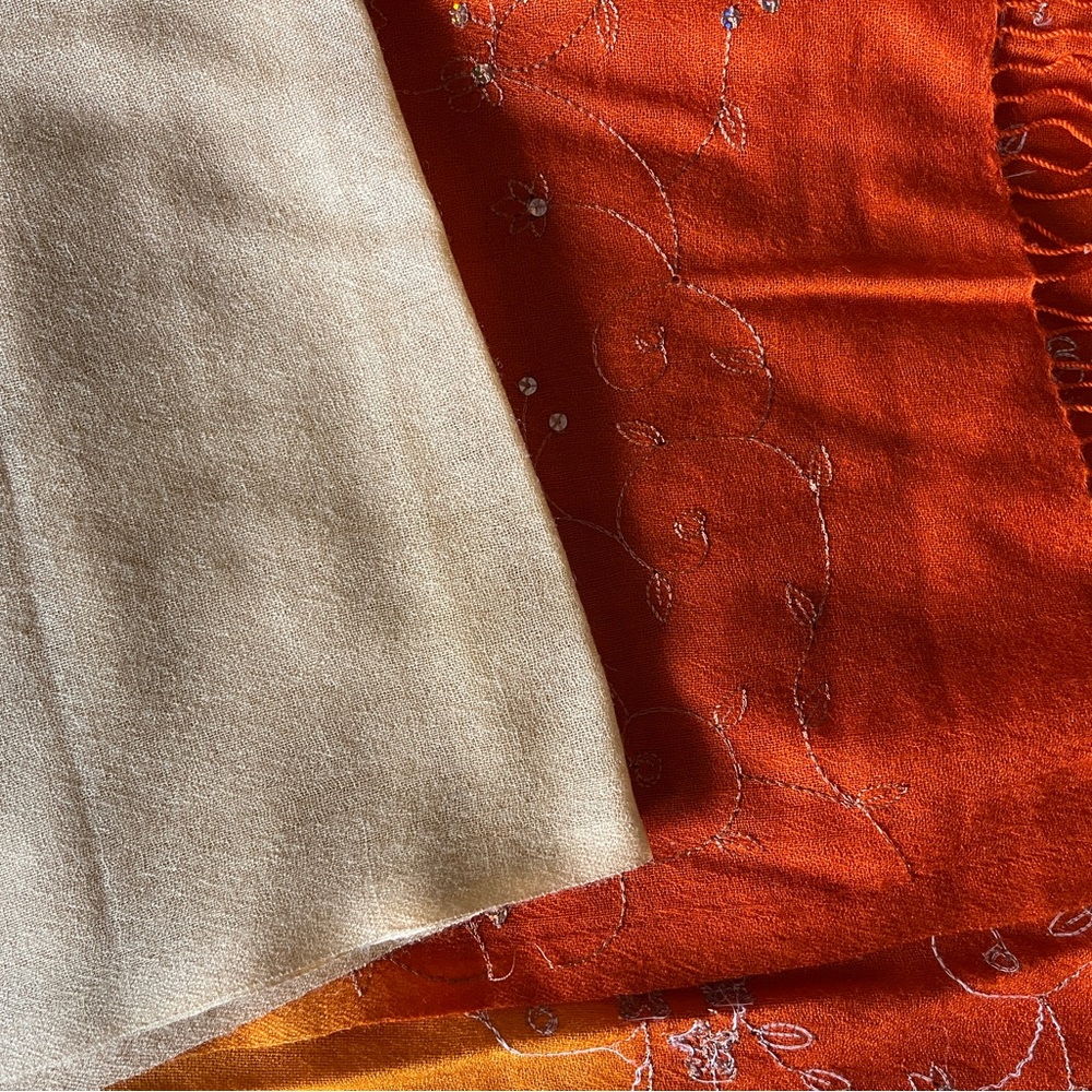 Ombre Pashmina Orange Creamsicle Shawl Fine Wool Beaded Embroidery Fringe Scarf - Picture 4 of 7